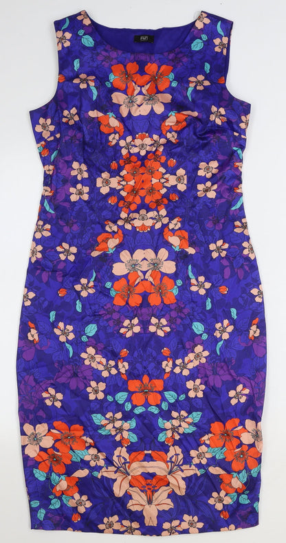 F&F Womens Blue Floral Polyester Pencil Dress Size 10 Boat Neck Zip