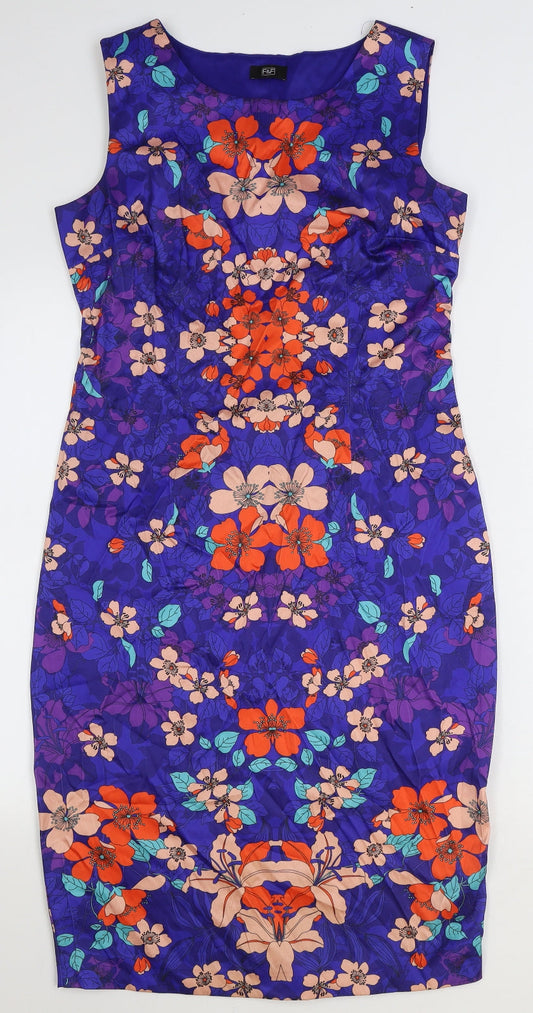 F&F Womens Blue Floral Polyester Pencil Dress Size 10 Boat Neck Zip