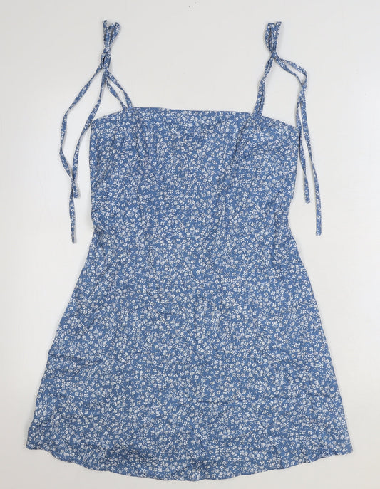 SheIn Womens Blue Floral Polyester Mini Size M Square Neck Pullover - Shirred Back