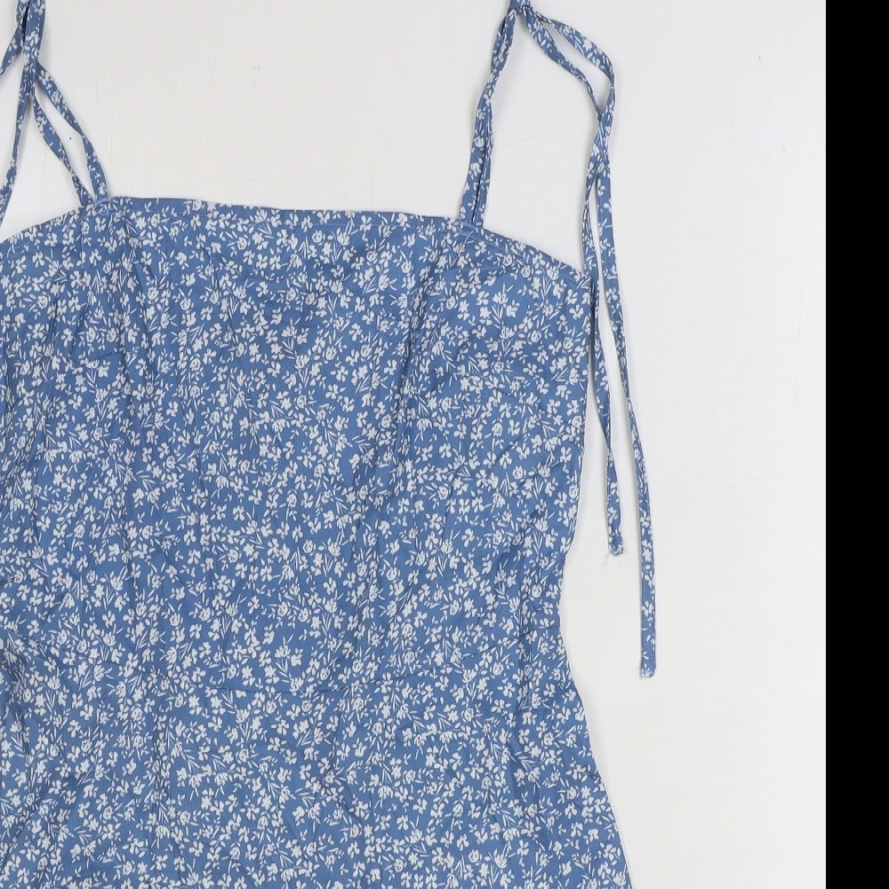 SheIn Womens Blue Floral Polyester Mini Size M Square Neck Pullover - Shirred Back