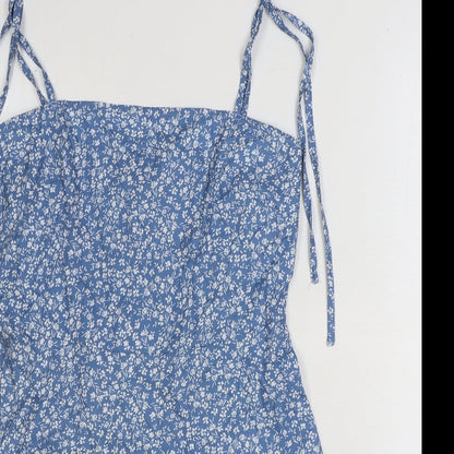 SheIn Womens Blue Floral Polyester Mini Size M Square Neck Pullover - Shirred Back