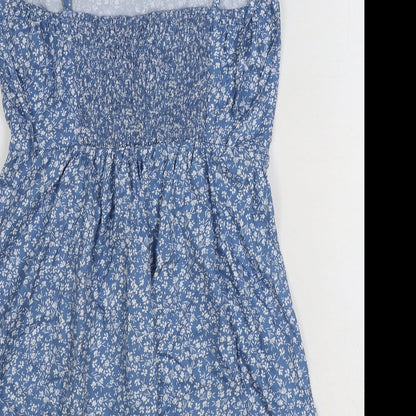 SheIn Womens Blue Floral Polyester Mini Size M Square Neck Pullover - Shirred Back