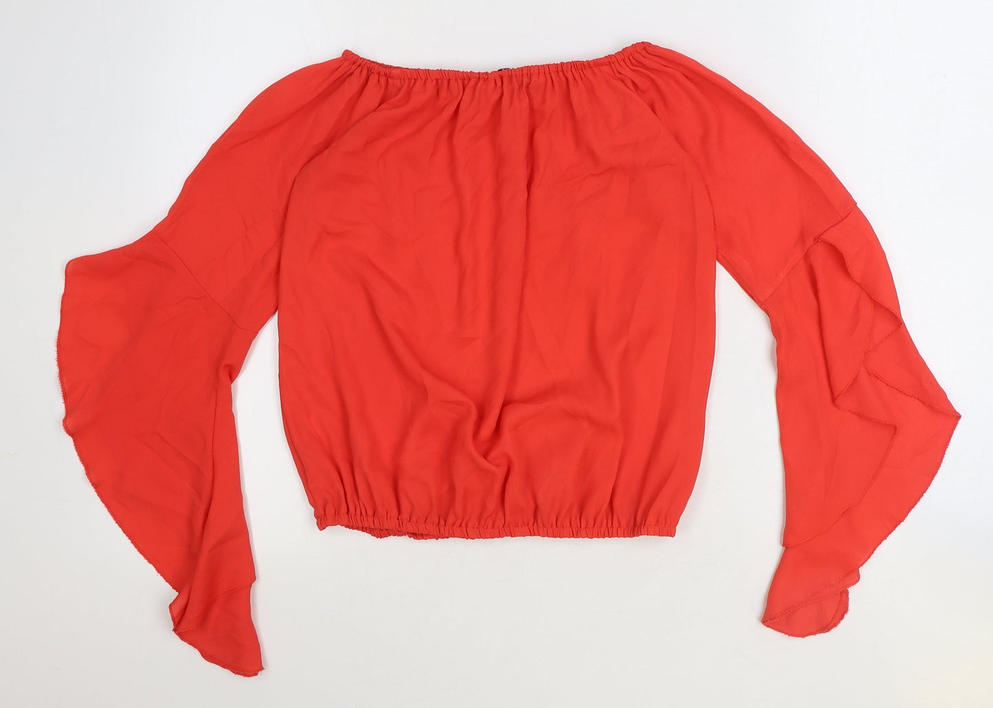 Boohoo Womens Red Polyester Cropped Blouse Size 8 Boat Neck - Flute Sleeve