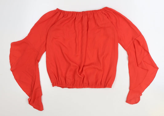 Boohoo Womens Red Polyester Cropped Blouse Size 8 Boat Neck - Flute Sleeve