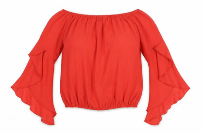 Boohoo Womens Red Polyester Cropped Blouse Size 8 Boat Neck - Flute Sleeve