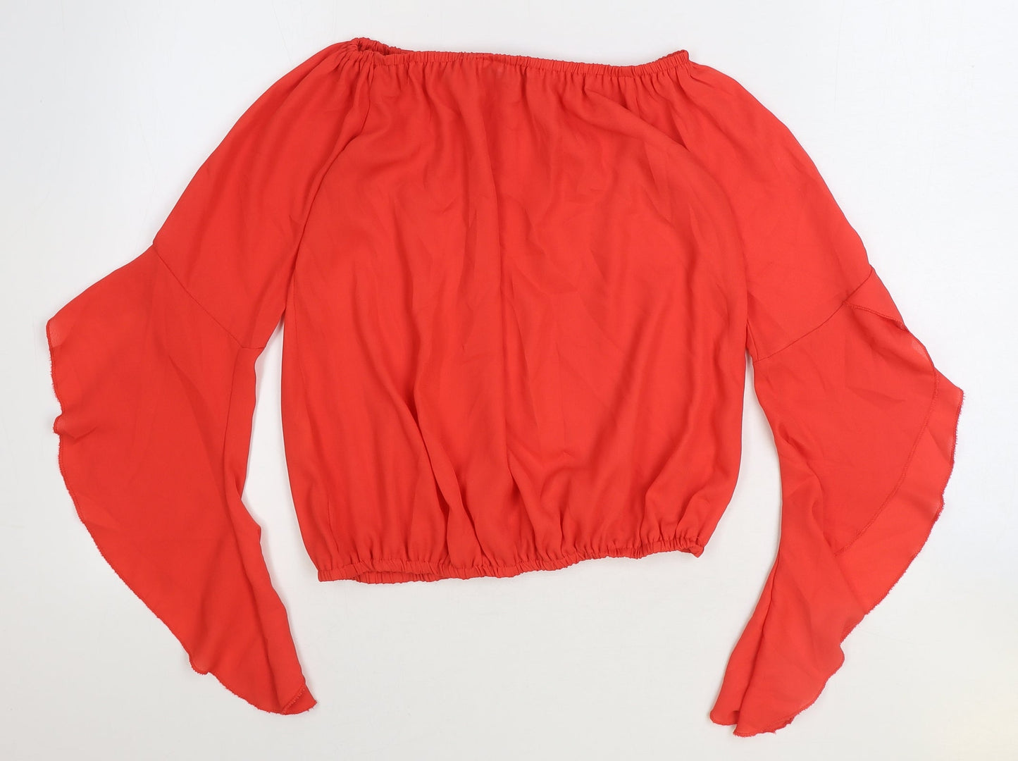 Boohoo Womens Red Polyester Cropped Blouse Size 8 Boat Neck - Flute Sleeve