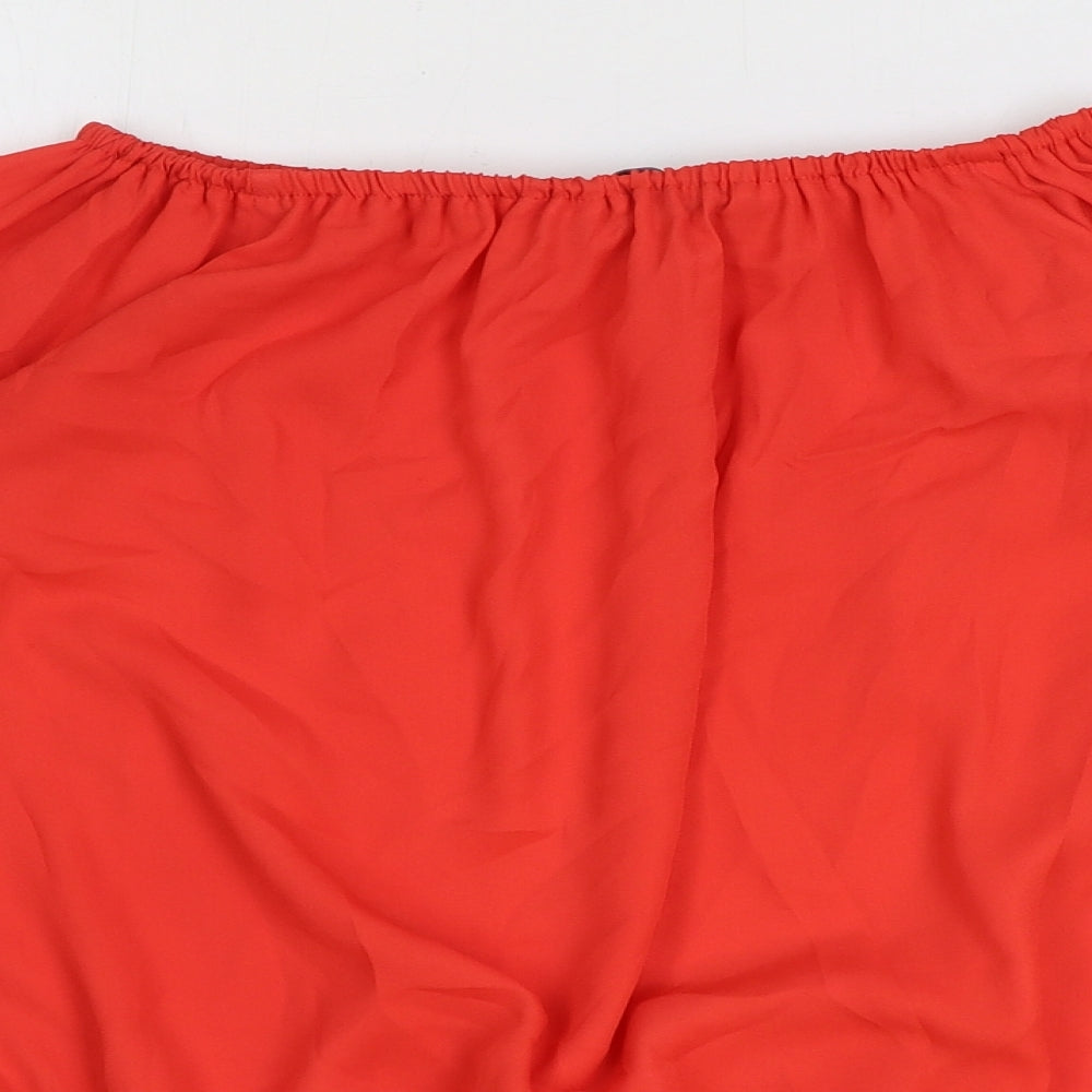 Boohoo Womens Red Polyester Cropped Blouse Size 8 Boat Neck - Flute Sleeve