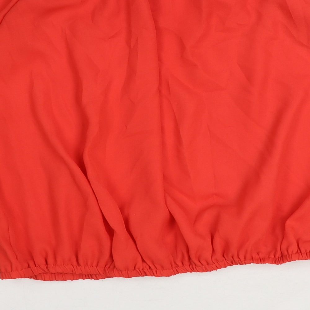 Boohoo Womens Red Polyester Cropped Blouse Size 8 Boat Neck - Flute Sleeve