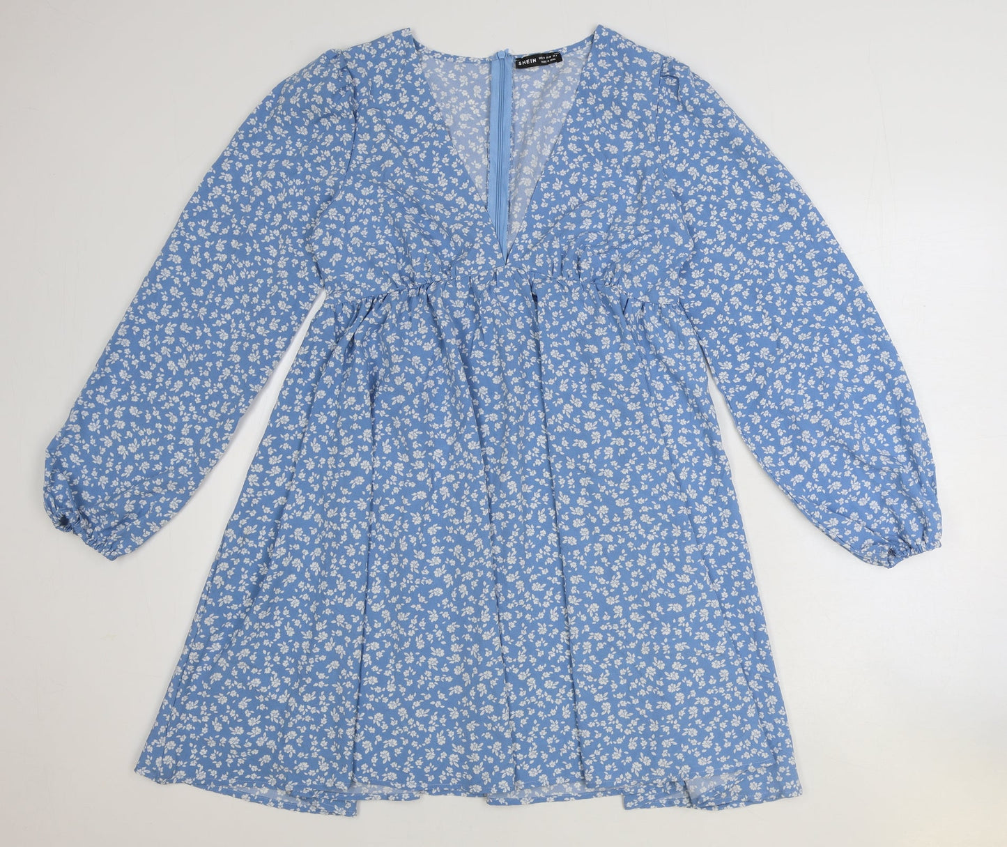 SheIn Womens Blue Geometric Polyester A-Line Size M V-Neck Zip