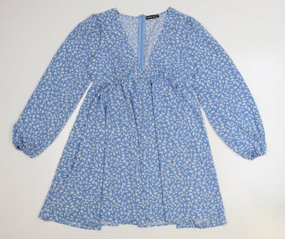 SheIn Womens Blue Geometric Polyester A-Line Size M V-Neck Zip