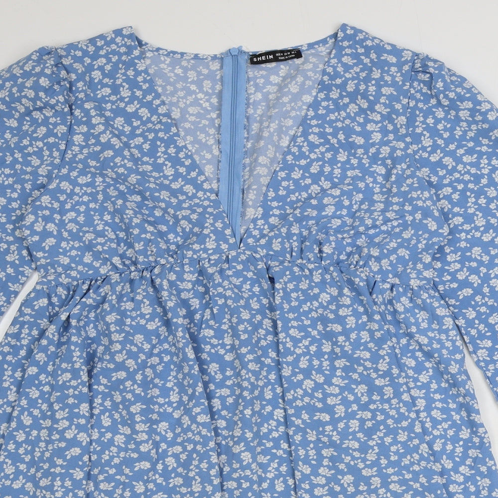 SheIn Womens Blue Geometric Polyester A-Line Size M V-Neck Zip