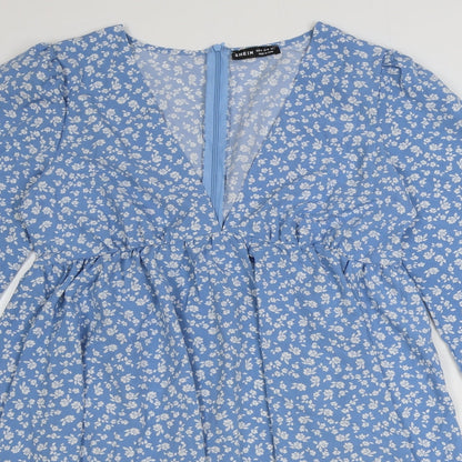 SheIn Womens Blue Geometric Polyester A-Line Size M V-Neck Zip