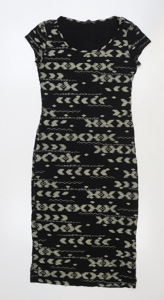 Primark Womens Black Geometric Polyester Pencil Dress Size 10 Boat Neck Pullover