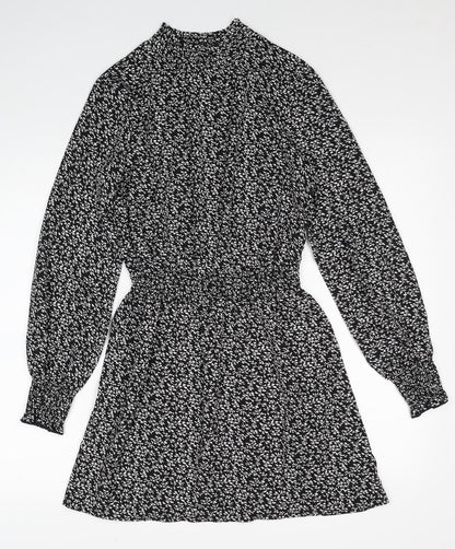 New Look Womens Black Floral Polyester Fit & Flare Size 6 Mock Neck Pullover - Shirred Waist