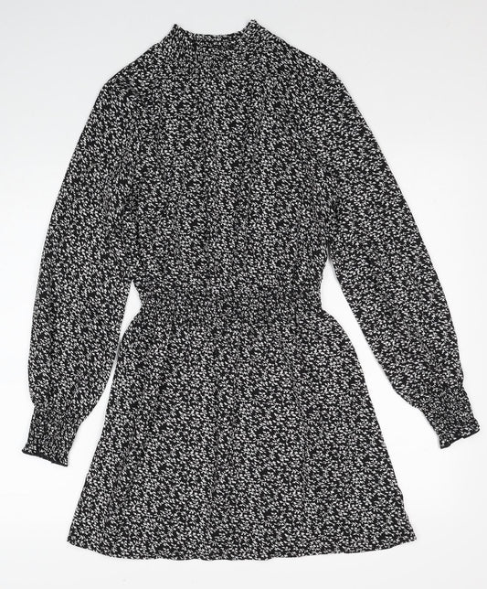 New Look Womens Black Floral Polyester Fit & Flare Size 6 Mock Neck Pullover - Shirred Waist