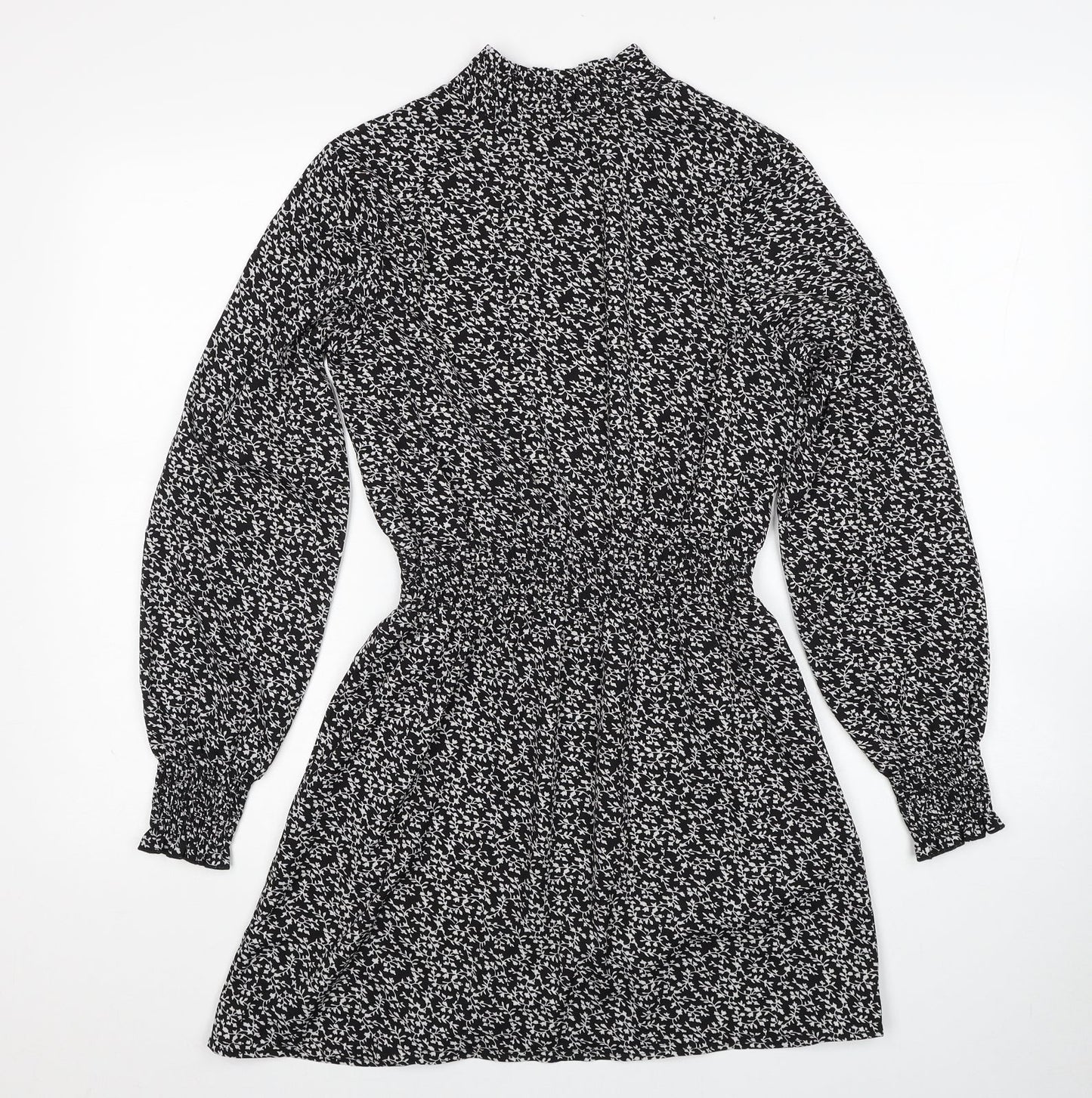 New Look Womens Black Floral Polyester Fit & Flare Size 6 Mock Neck Pullover - Shirred Waist
