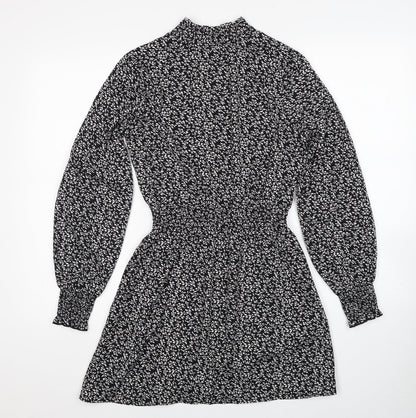 New Look Womens Black Floral Polyester Fit & Flare Size 6 Mock Neck Pullover - Shirred Waist