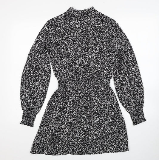 New Look Womens Black Floral Polyester Fit & Flare Size 6 Mock Neck Pullover - Shirred Waist