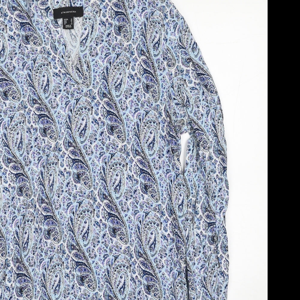 Atmosphere Womens Blue Paisley Viscose A-Line Size 10 V-Neck Pullover