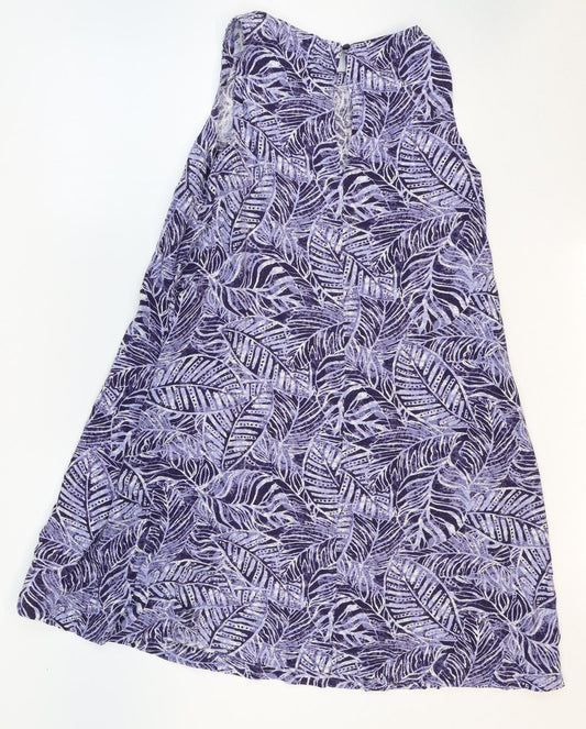Principles Womens Purple Geometric Linen A-Line Size 8 Boat Neck Pullover - Leaf Pattern