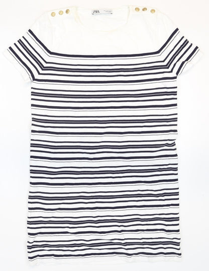 Zara Womens White Striped Polyamide T-Shirt Dress Size S Round Neck Pullover