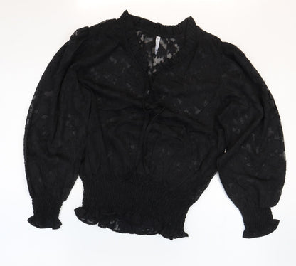 Golden Line Womens Black Geometric Polyester Basic Blouse Size S V-Neck