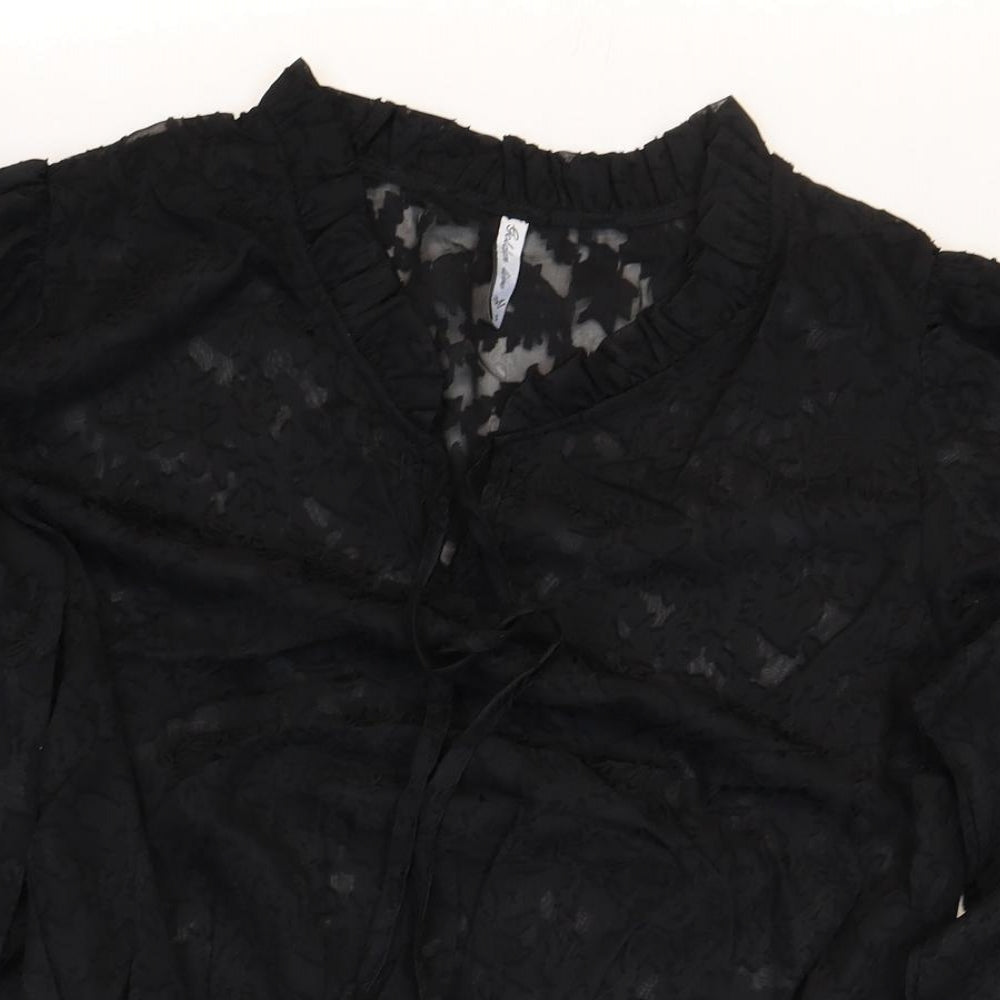 Golden Line Womens Black Geometric Polyester Basic Blouse Size S V-Neck