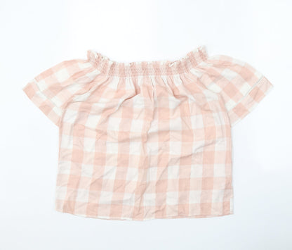 Papaya Womens Pink Check Polyester Cropped Blouse Size 12 Boat Neck