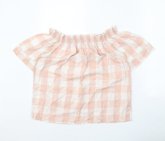 Papaya Womens Pink Check Polyester Cropped Blouse Size 12 Boat Neck