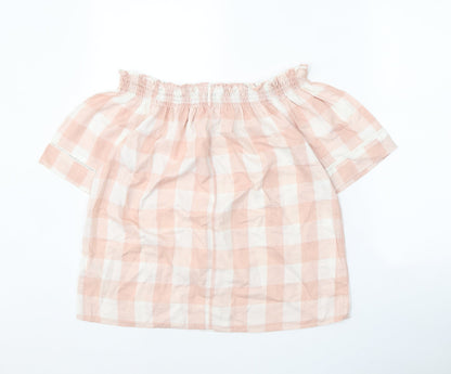 Papaya Womens Pink Check Polyester Cropped Blouse Size 12 Boat Neck