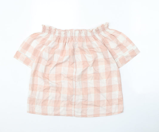 Papaya Womens Pink Check Polyester Cropped Blouse Size 12 Boat Neck