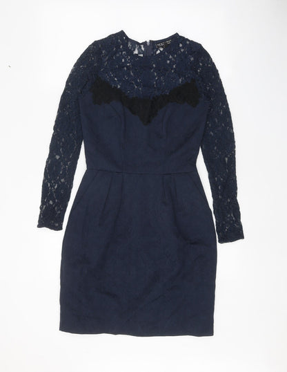 Warehouse Womens Blue Polyester Pencil Dress Size 6 Round Neck Zip - Lace Top