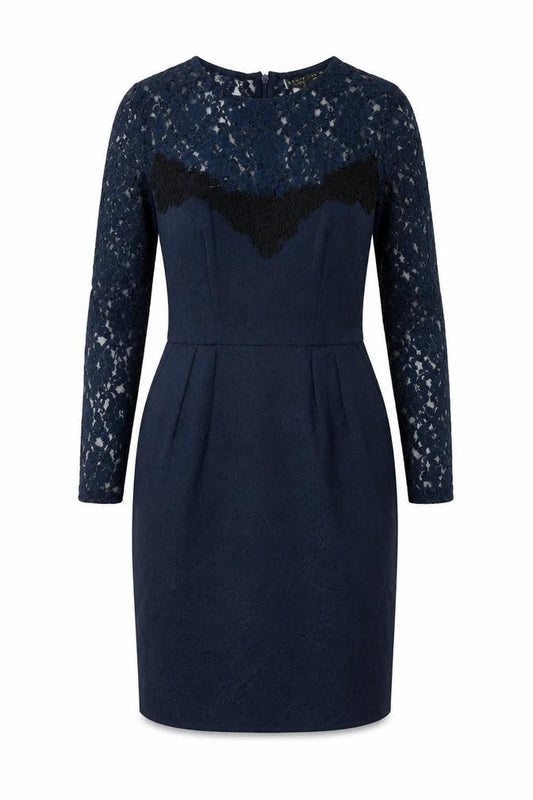 Warehouse Womens Blue Polyester Pencil Dress Size 6 Round Neck Zip - Lace Top