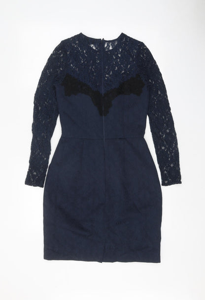 Warehouse Womens Blue Polyester Pencil Dress Size 6 Round Neck Zip - Lace Top