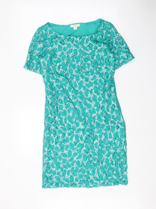 Monsoon Womens Green Geometric Cotton Shift Size 8 Boat Neck Zip