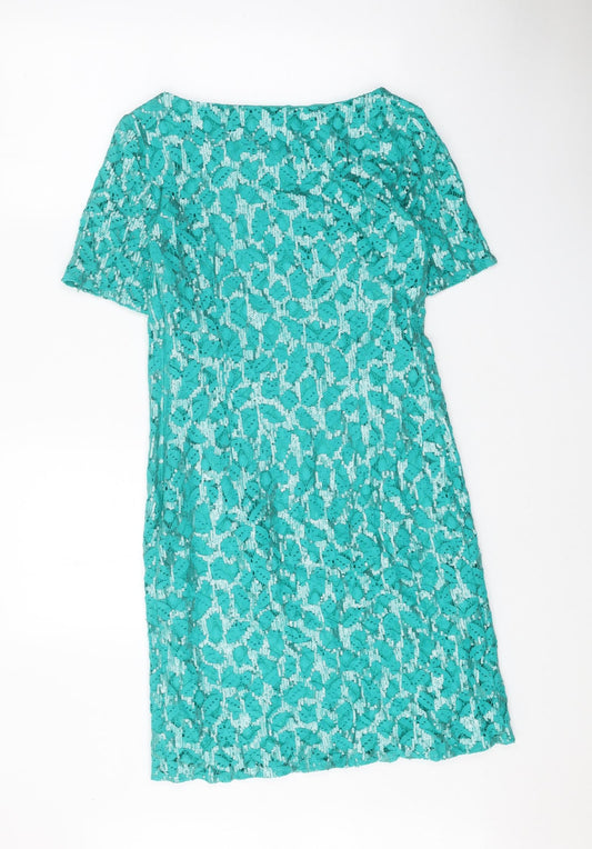 Monsoon Womens Green Geometric Cotton Shift Size 8 Boat Neck Zip