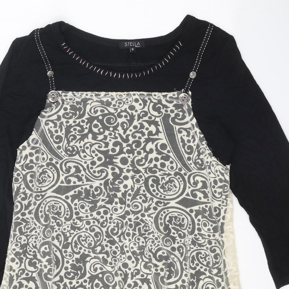 Stella Womens Black Geometric Polyester Basic Blouse Size 10 Round Neck