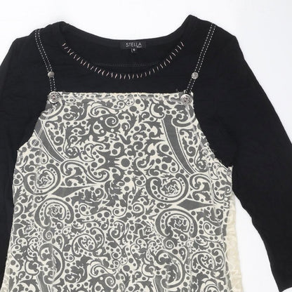 Stella Womens Black Geometric Polyester Basic Blouse Size 10 Round Neck