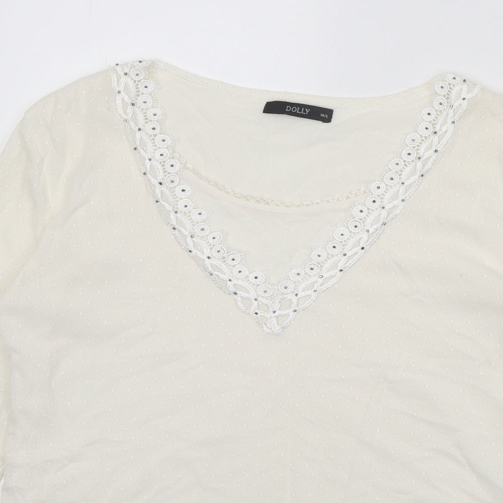 Dolly Womens White Polyester Basic T-Shirt Size M Round Neck