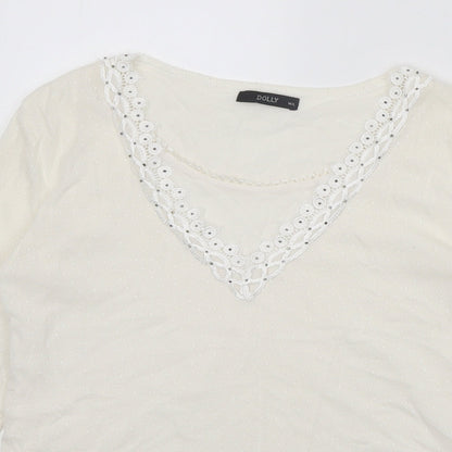 Dolly Womens White Polyester Basic T-Shirt Size M Round Neck