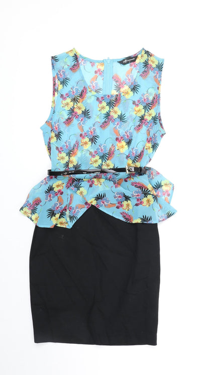 International Womens Blue Floral Polyester Pencil Dress Size 8 V-Neck Zip