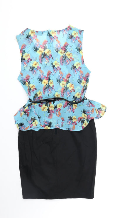International Womens Blue Floral Polyester Pencil Dress Size 8 V-Neck Zip