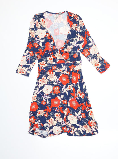 ASOS Womens Blue Floral Polyester Fit & Flare Size 10 V-Neck Pullover - Wrap Front