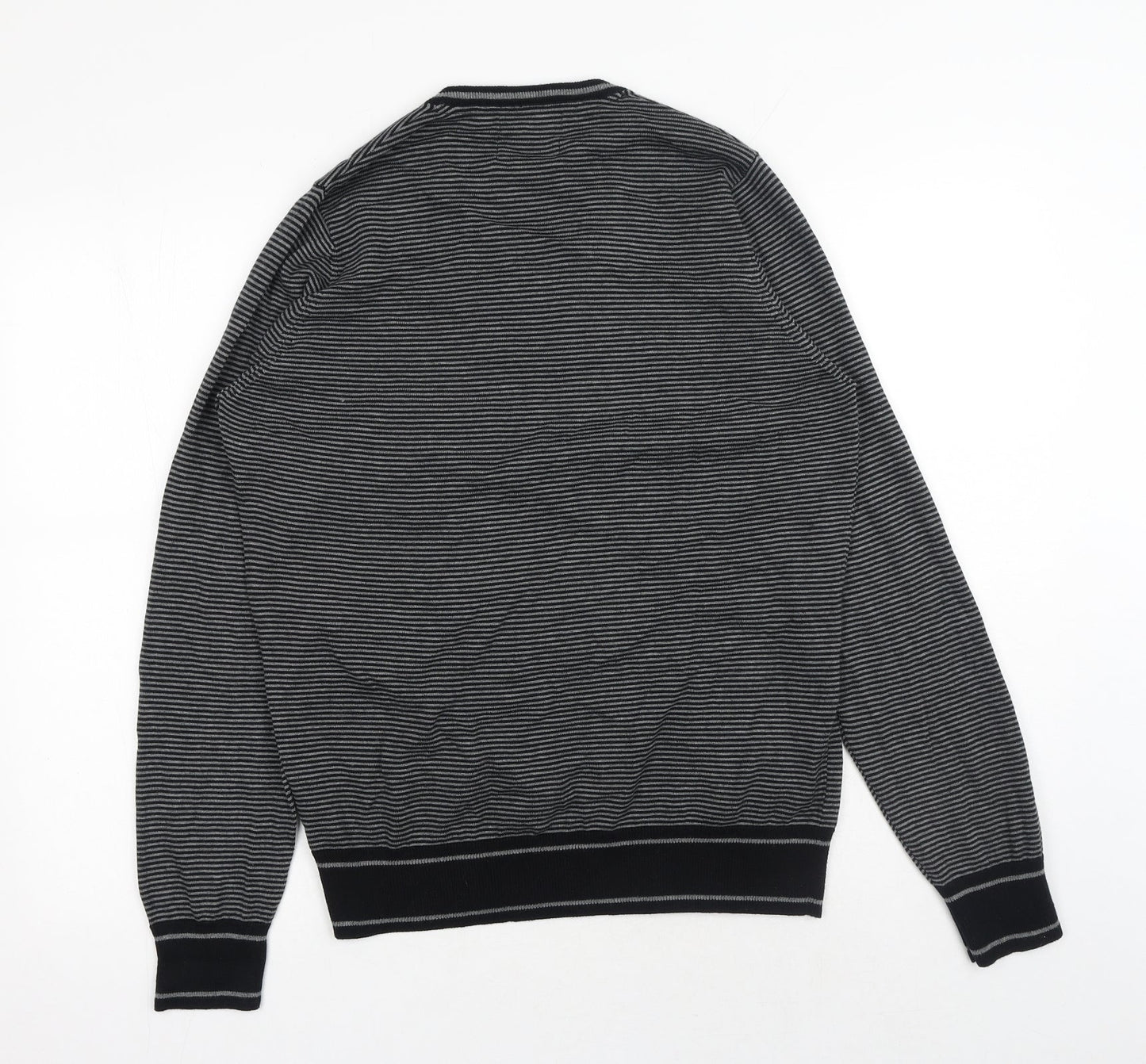 Marks and Spencer Mens Black V-Neck Striped Cotton Pullover Jumper Size S Long Sleeve