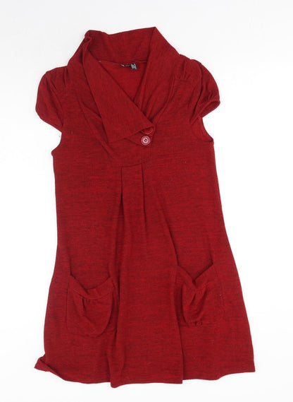 Preworn Womens Red Polyester Jumper Dress Size 10 Collared Pullover