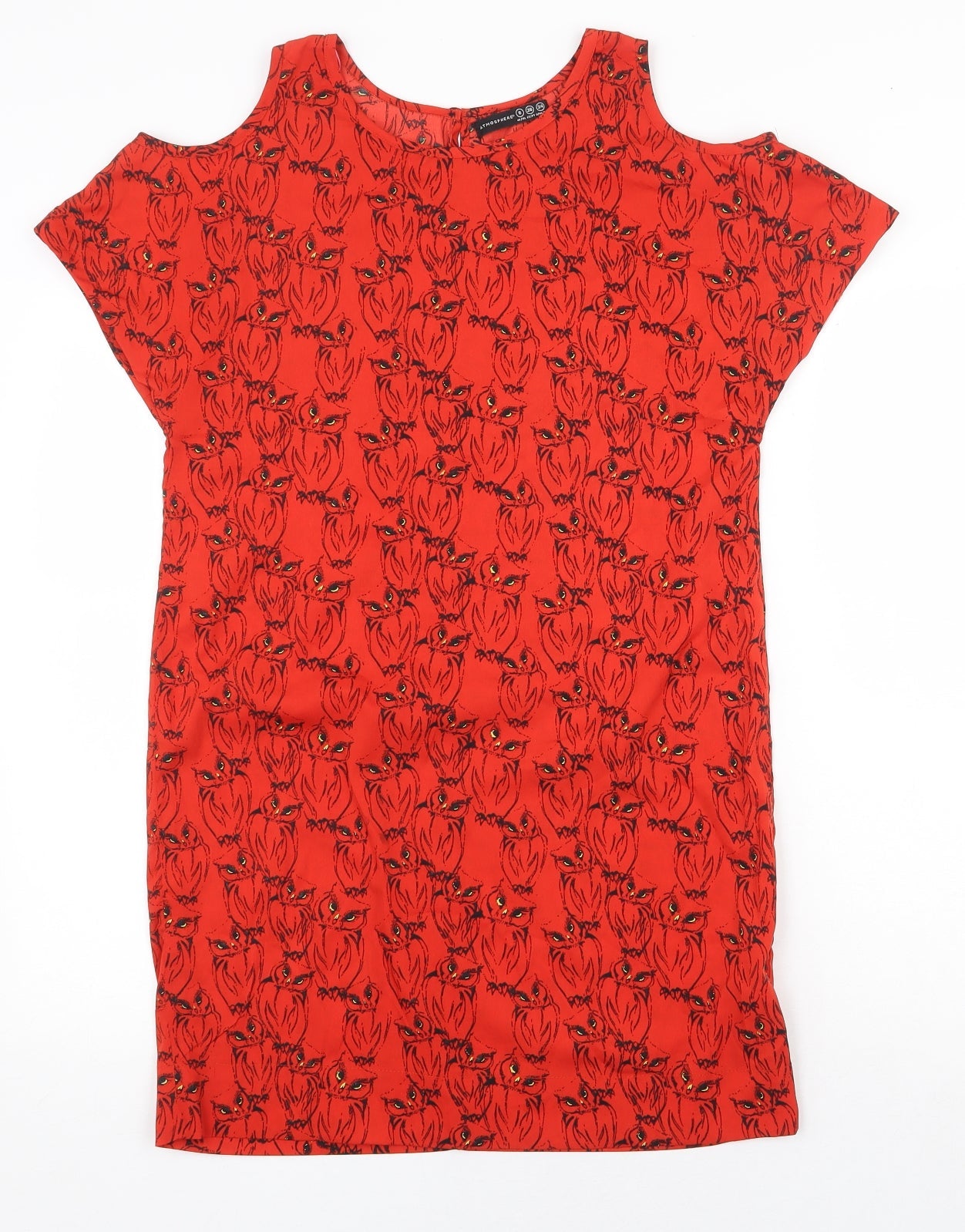 Atmosphere Womens Red Geometric Polyester T-Shirt Dress Size 8 Round Neck Button - Owl Pattern Cold Shoulder