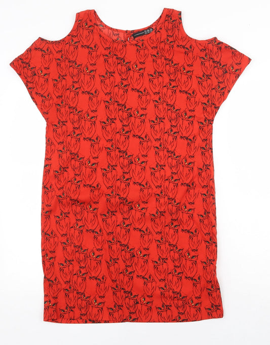 Atmosphere Womens Red Geometric Polyester T-Shirt Dress Size 8 Round Neck Button - Owl Pattern Cold Shoulder