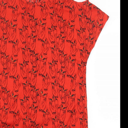 Atmosphere Womens Red Geometric Polyester T-Shirt Dress Size 8 Round Neck Button - Owl Pattern Cold Shoulder