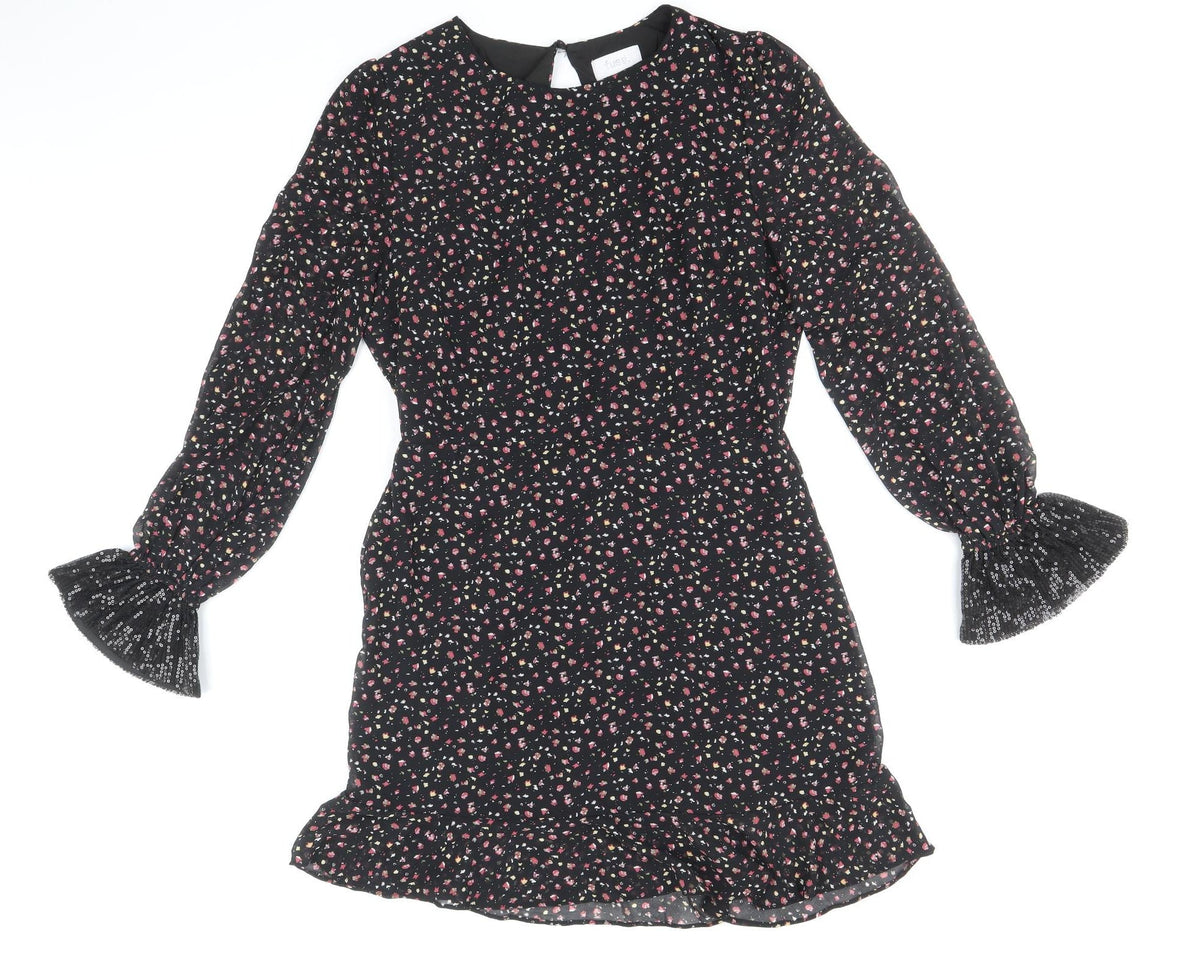 fuse Womens Black Floral Polyester Fit & Flare Size 14 Round Neck Button