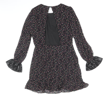 fuse Womens Black Floral Polyester Fit & Flare Size 14 Round Neck Button